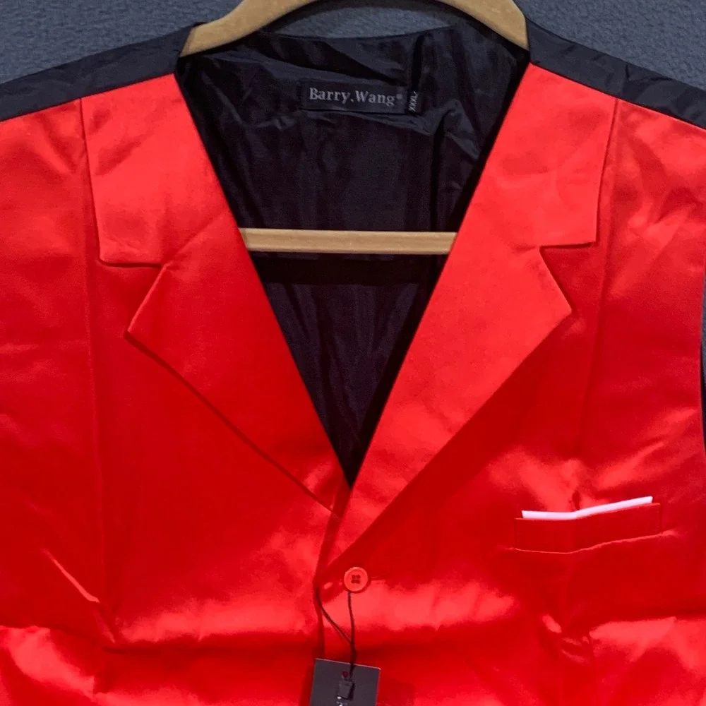 Barry.Wang Vest Set Men XXXL Red Silk Tie Bowtie Cufflinks Formal Wedding Suit